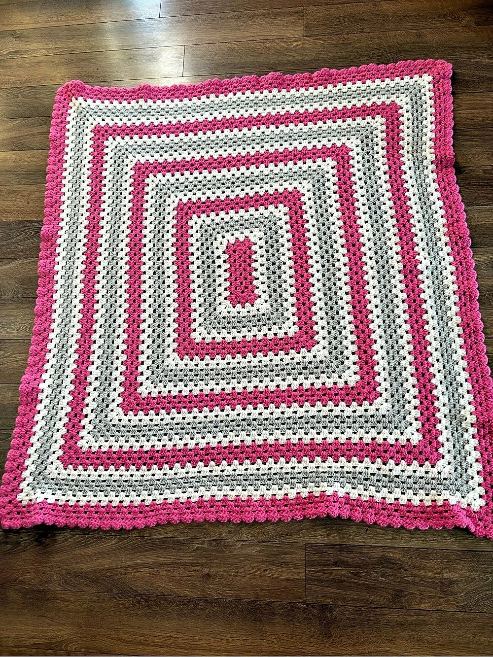 Crochet Geometric Throw Blanket in Pink, Gray and White